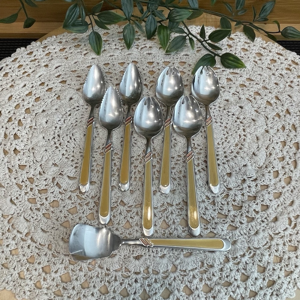 Vintage Mid Century Yellow Plastic Inlay Flatware Spoons Dessert Citrus Sporks